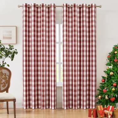 Imagem de Amzdecor Cortinas xadrez Buffalo com ilhós, 213 cm de comprimento, cortina semitransparente texturizada com filtro de luz vermelha bordô para sala de estar, quarto, fazenda, 2 painéis (132 x 213 cm