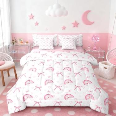 Imagem de Manfei Conjunto de cama solteiro com estampa de arco-íris rosa, laço sonhador, estilo princesa, coração do amor, grafite, rosa e branco, 7 peças (edredom + lençol de cima + fronha + fronha)