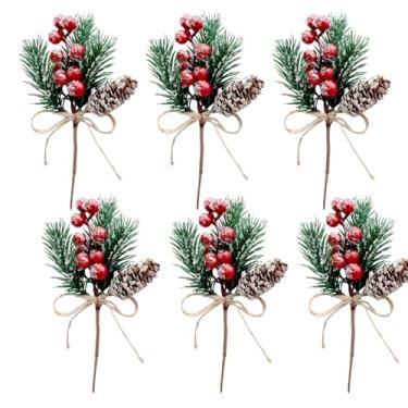 Imagem de UPSTORE Pacote com 6 hastes de baga de Natal, palitos de pinheiro, ramos artificiais de frutas vermelhas com pinhas e folhas de azevinho, para decoração de guirlanda de Natal, 19 cm