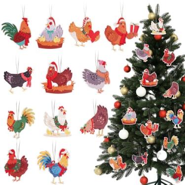 Imagem de XEQWZVFR 48 peças de enfeites de Natal engraçados - enfeites de madeira de galinha de Natal, cachecol de galinha, decoração de árvore de Natal, enfeites de Natal para casa de fazenda, enfeite de