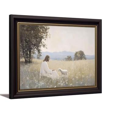 Imagem de Arte de parede retrô marrom escuro emoldurado Jesus e o cordeiro Jesus deixa as 99 ovelhas decoração de parede quadro histórias bíblicas cristãs impressão arte para igreja sala de estar quarto