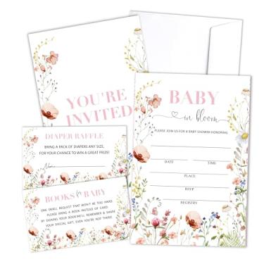 Imagem de Convite para chá de bebê Baby In Bloom com envelopes, ingressos para sorteio de fraldas, cartões de solicitação de livros, flores silvestres decoração de chá de bebê conjunto de lembrancinhas