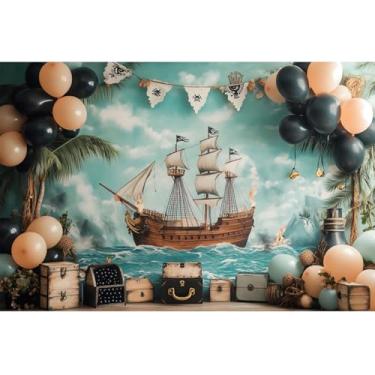 Imagem de YongFoto Pano de fundo temático pirata 2,1 x 1,5 m de praia, palmeiras, balão, caixa de madeira, velas brancas, navio, fotografia, fundo infantil, aniversário, chá de bebê, bandeira, retratos de bebê