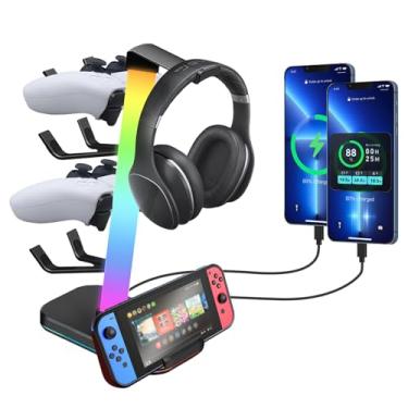 Imagem de VCOM Suporte RGB para fones de ouvido para jogos com 10 modos de luz, 4 suportes de controle com 1 porta USB e 2 portas de carregamento tipo C, suporte de fone de ouvido adequado para todos os