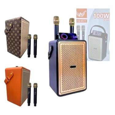 Imagem de Caixa de Som Karaokê Portátil, 100W PMPO, Bluetooth 5.3, com 2 Microfones Sem Fio, Luzes LED, Preto/Marrom/Laranja (Marrom)
