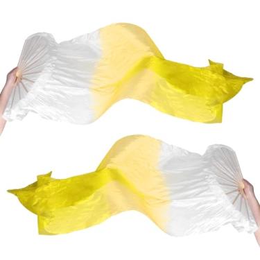 Imagem de PATIKIL Véu de leque de seda para dança do ventre 150 cm, 1 par (esquerda + direita) ventilador de dança longo dobrável de madeira para apresentação de dança, branco gradiente amarelo
