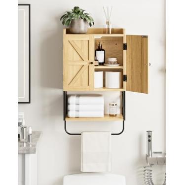 Imagem de Armário de parede de banheiro, armários de remédios pequenos com prateleira ajustável e portas de trava magnética, armário suspenso de parede de madeira para banheiro/lavanderia, carvalho