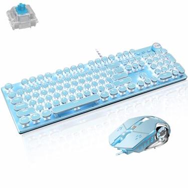 Imagem de Basaltech Combo mecânico de teclado e mouse para jogos, teclado retrô estilo máquina de escrever vintage Steampunk com retroiluminação LED, interruptor azul anti-fantasma de 104 teclas com fio painel de metal USB, teclas redondas, azul