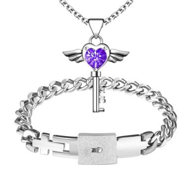 Imagem de Rofusn Conjunto de colar de pulseira de cadeado e chave: pulseira de bloqueio de aço inoxidável pingente de chave de coração de asa de anjo para casais joias de aniversário de casamento presentes de
