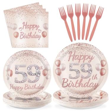 Imagem de 96 peças de artigos de festa de aniversário de 59 anos para mulheres, ouro rosa, conjunto de pratos e guardanapos de papel descartáveis, decorações de aniversário de 59 anos para mulheres, 59 anos