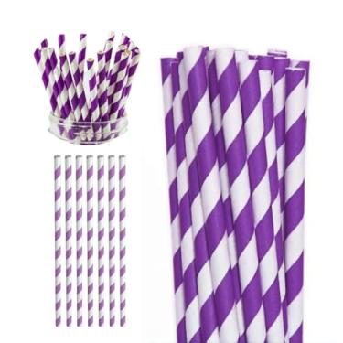 Imagem de 100 Canudos Listrado Drinks Refri Topo de Bolo Colorido(Roxo c/Branco)
