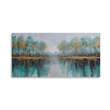 Imagem de Kunstorner Arte de parede em tela azul e dourada para quarto, sala de estar, cozinha, escritório (painel de 101 x 50 x 20 cm)