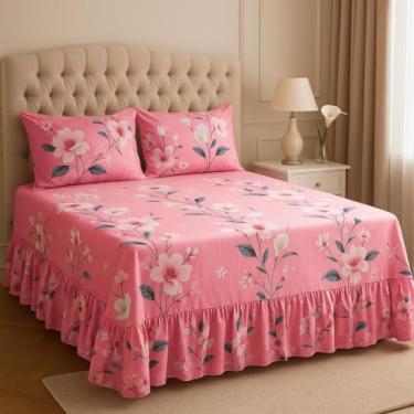 Imagem de Kit Lençol Queen 3 Peças Micropercal Toque de Algodão com Babado e Fronhas Premium (Rosa - Floral)