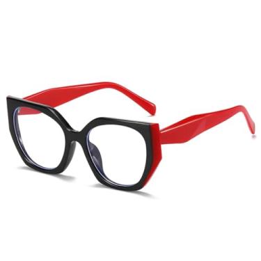Imagem de Óculos femininos vintage com armação estilo olho de gato poligonal, lentes transparentes anti-luz azul, armação bicolor (preto e vermelho)