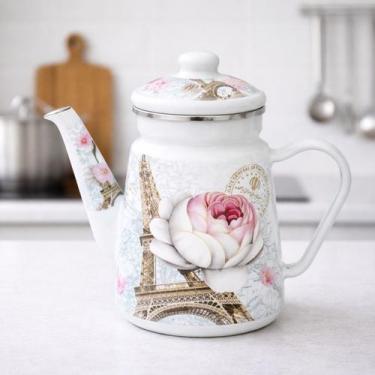 Imagem de Bule Bico Pescoço Ganso Esmaltado Decorativo Fogão Indução Retro Alça 