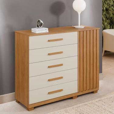 Imagem de Cômoda Ripada 5 Gavetas 1 Porta com Pés Paris Benetil, Cinamomo/Off Ar