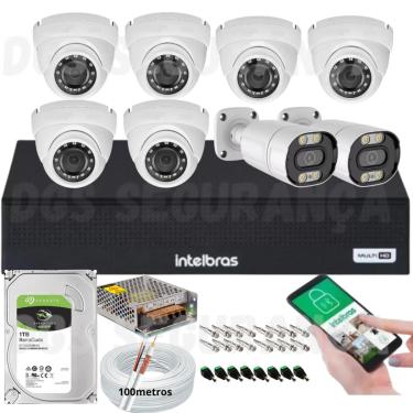 Imagem de Kit 8 Câmeras de Segurança Full HD 1080p 20m Infra c/2 Full Color+DVR Intelbras+Cabos e Acessórios