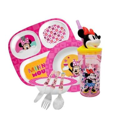 Imagem de Kit Refeição Infantil Minnie 7 Peças Melamina, Copo 3d E Talheres Inox