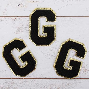 Imagem de Pacote com 3 adesivos de chenille ferro em glitter com letras universitárias de 8 cm de altura - Tecido de chenille preto com acabamento em glitter dourado - Costurar ou passar a ferro - 8 cm preto G