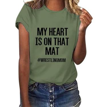 Imagem de Camiseta feminina My Heart is on That mat wrestlingmom 2024 verão casual macia com frase blusa leve, Verde menta, G