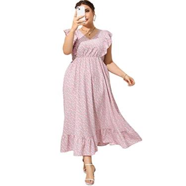 Imagem de KOJOOIN Vestido feminino plus size de verão com bolso com babados, sem mangas, decote em V, fenda lateral, vestido longo de praia, Flor roxa rosa - 1, XGG