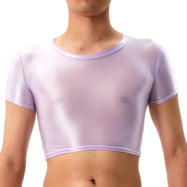 Imagem de GENEMEN Camiseta masculina brilhante de manga curta, sedosa, transparente, sexy, cropped, Roxo claro, M