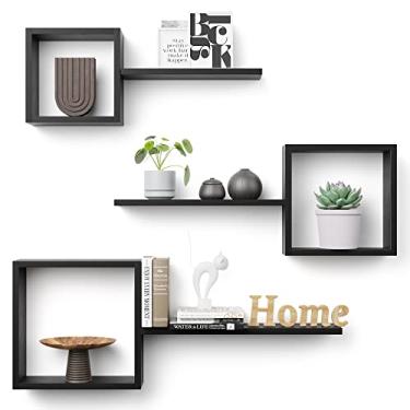 Imagem de Prateleiras flutuantes quadradas de madeira – conjunto de 6 prateleiras cúbicas, decoração de parede geométrica para quarto, sala de estar, banheiro, cozinha, escritório - preta