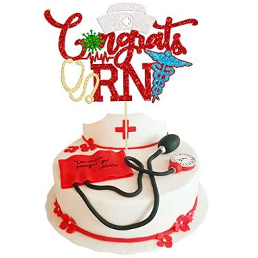Imagem de Gyufise 1 pç Congrats Nurse Cake Topper Glitter Nurse 2023 Parabéns Cap Graduação Palheta de Bolo Decorações de Enfermagem para Tema Médico RN 2023 Formatura Aniversário Festa Suprimentos Vermelho