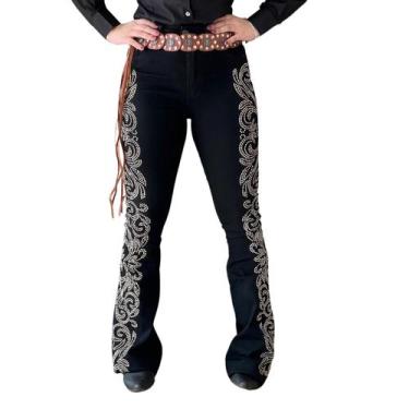 Imagem de Calça Jeans Preta Feminina Moda Country Detalhada Brilhos Dourados Tex