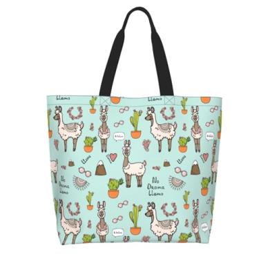 Imagem de Cuczpau Bolsa de praia para mulheres, reutilizável, grande, para compras, bolsa de ombro, bolsa de viagem, Drama Camel Lhama Cacto Verde Claro, One Size