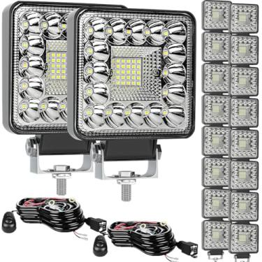 Imagem de OfleGold Luzes LED de trabalho para trator, 18 unidades de 10 cm com 2 chicotes de fiação 123 W quadrados fora da estrada 12 V luzes de LED barras de neblina para Jeep SUV ATV 4X4 carro soprador de