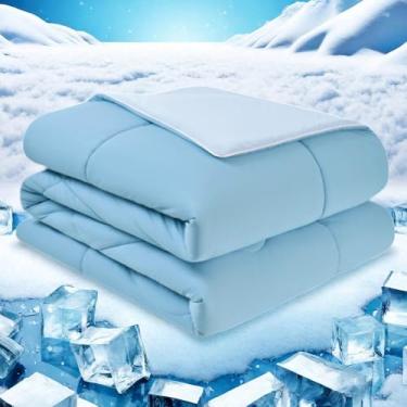 Imagem de meadow park Edredão refrescante, cobertor de resfriamento de dupla face, tamanho king para pessoas que dormem quentes, tecido Cold Tech, Q-Max>0,55, edredom de verão leve e respirável, azul e azul