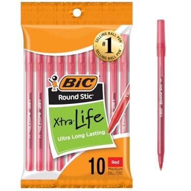 Imagem de BIC Canetas esferográficas redondas Stic Xtra Life vermelhas, ponta média (1,0 mm), pacote com 10 canetas a granel, barril redondo flexível para conforto de escrita, canetas esferográficas número 1 em
