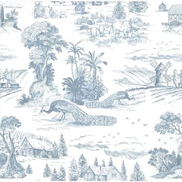 Imagem de Abyssaly Papel de parede Toile azul e branco floral peeling and stick papel de parede francês país vintage animal autoadesivo papel de contato para armários de fazenda, gavetas, forro, decoração faça
