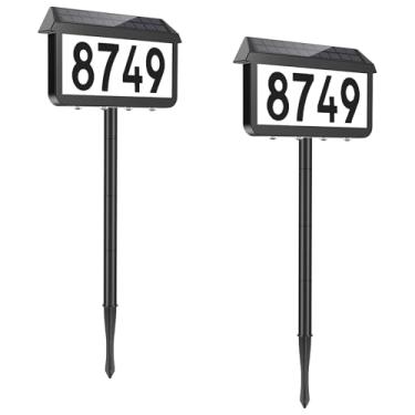 Imagem de Brightever Placas de endereço solar, número de casa para uso externo, à prova d'água, placas de endereço iluminadas por LED de 3 cores com estaca, números de endereço de iluminação solar montados na