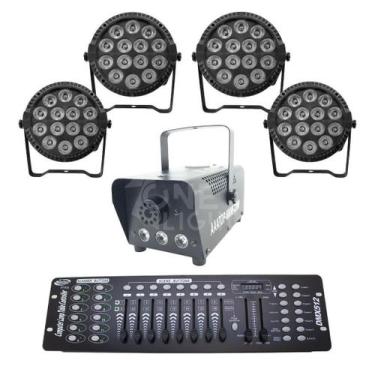 Imagem de Kit 4 Par Led Slim + Máquina De Fumaça 600W + Mesa Dmx 512 - Sanyi Lig