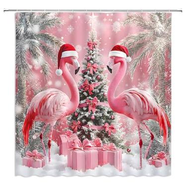 Imagem de Cortina de chuveiro de flamingo de Natal rosa, árvore de Natal, pássaro, tropical, engraçado, floco de neve, neve, festival, feliz ano novo, tecido de poliéster, conjuntos de cortinas de banheiro