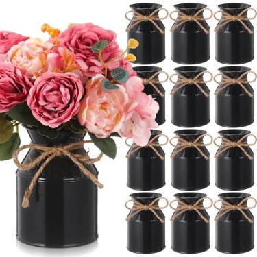 Imagem de Domensi 12 peças de vaso de flores de metal para casa de fazenda, 12 peças, jarro de leite galvanizado, com arco de barbante, baldes de flores rústicos para mesa floral, centro de mesa, decoração de