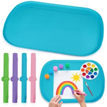 Imagem de Tapetes de arte de silicone para crianças 61 x 40 cm, tapetes de silicone para artesanato com bordas elevadas, tapetes de pintura para bricolage, pintura, artesanato, argila, fabricação de joias (azul