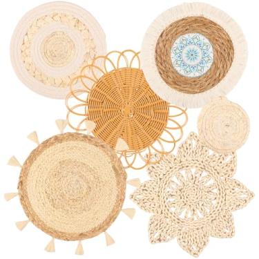 Imagem de kaimenhong Conjunto de 6 cestas de parede Boho para pendurar, cesta de parede de tecido plano, decoração de pendurar na parede, de vime de vime, algas marinhas, decoração de cestas de parede, para