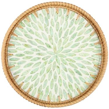 Imagem de Bandeja redonda de vime com incrustação, bandeja de servir de vime, bandeja central de tecido, cesta de vime decorativa, prato de frutas de vime elegante, bandeja decorativa de tecido para mesa de