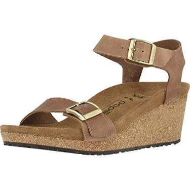 Imagem de Sand lia feminina Birkenstock Soley Wedge, Cognac Leather, 5-5.5 Narrow