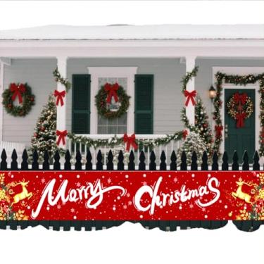 Imagem de Faixa de Feliz Natal 300 x 50 cm Bandeira Grande Vermelha com Árvore de Natal Decoração de Festa de Alce para Interior Exterior Cerca Garagem Jardim Varanda Decoração de Fundo de Férias