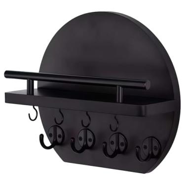 Imagem de Porta-chaves circular preto, armazenamento de parede para chaves, possui seis ganchos e uma prateleira, ótimo para organização de entrada e decoração de casa