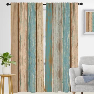 Imagem de zokyer Cortina de janela ocidental longa, azul-petróleo, marrom, fazenda, rústico, turquesa, antigo, sudoeste, retrô, porta de celeiro, madeira 132 cm L x 213 cm C para quarto, sala de estar, 2