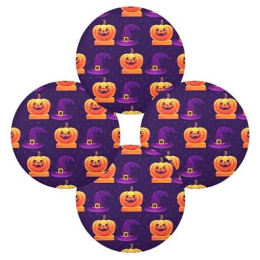 Imagem de Wassud Jogo americano conjunto de 4 tapetes de mesa redondos de abóbora com chapéu de bruxa para cozinha e jantar tapetes laváveis resistentes ao calor para decoração de mesa 39 cm