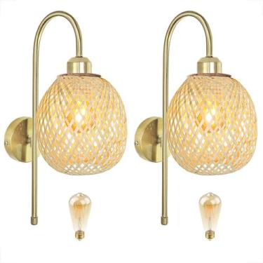 Imagem de 2 Arandela Bambu Dourada Fibra Natural Cabeceira Nat92 + Led - Acende 