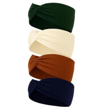 Imagem de Kit 4 Faixas de Cabeça Largas Estilo Turbante com Nó | Elásticas e Macias para Yoga, Corrida e Esportes(Conjunto 6)