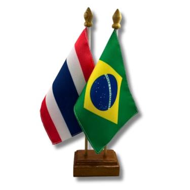 Imagem de Bandeira de Mesa Elegance Brasil e Tailândia, Dupla Face, 19x13cm, Base Madeira 30cm Altura, Oxford, Decorativa, Escritório e Eventos