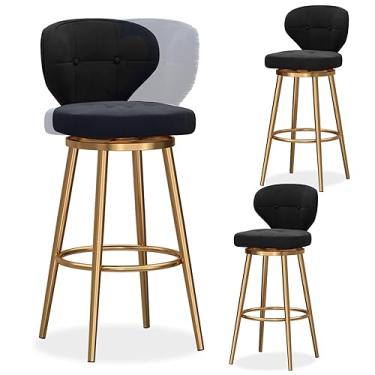 Imagem de Conjunto de 3 bancos de bar giratórios com altura de balcão, banquetas modernas de veludo com encosto médio, cadeira de bar estofada com base de metal, bancos de ilha de cozinha